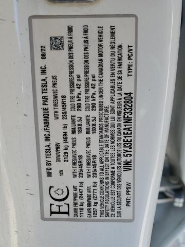 5YJ3E1EA1NF332804 - 2022 TESLA MODEL 3 WHITE photo 12