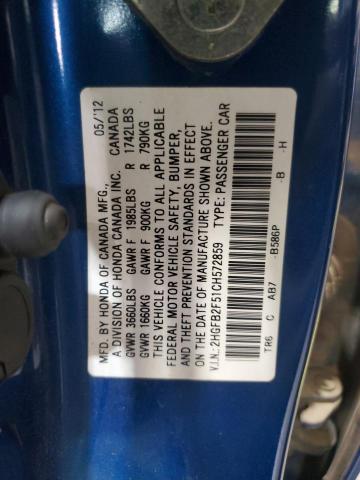 2HGFB2F51CH572859 - 2012 HONDA CIVIC LX BLUE photo 12
