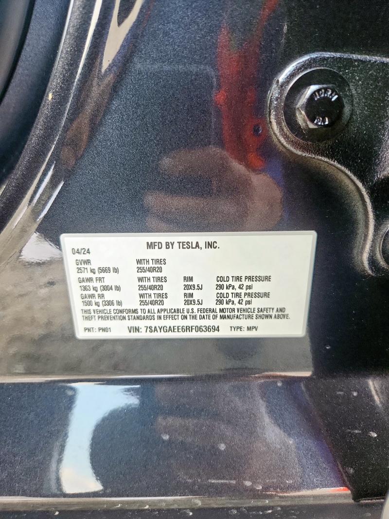 7SAYGAEE6RF063694 - 2024 TESLA MODEL Y 黑色 照片 13