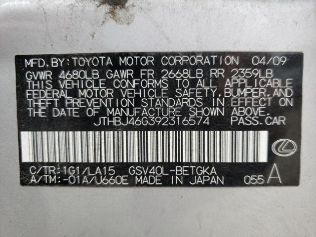 JTHBJ46G392316574 - 2009 LEXUS ES 350 SILVER photo 12