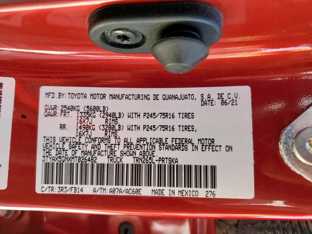 3TYAX5GNXMT026482 - 2021 TOYOTA TACOMA DOUBLE CAB წითელი ფოტო 13