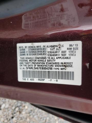 5FNRL5H67EB004298 - 2014 HONDA ODYSSEY EXL BURGUNDY photo 13
