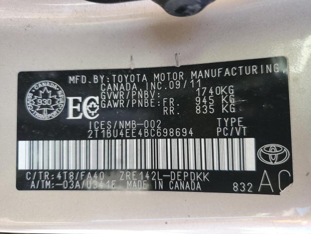 2T1BU4EE4BC698694 - 2011 TOYOTA COROLLA BASE TAN photo 12