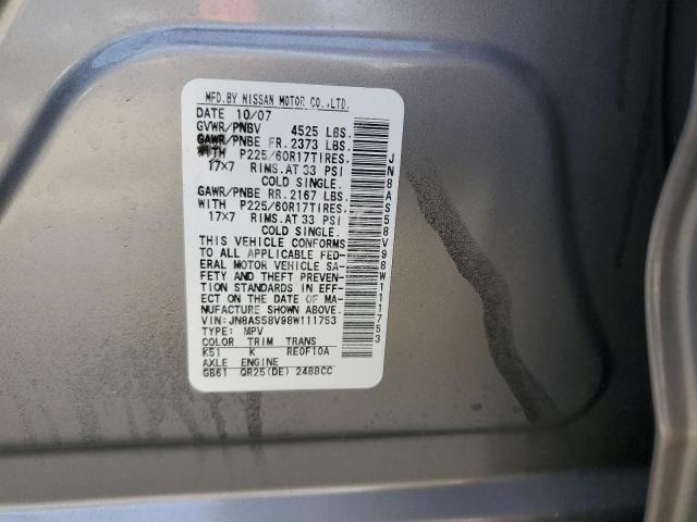 JN8AS58V98W111753 - 2008 NISSAN ROGUE S GRAY photo 12