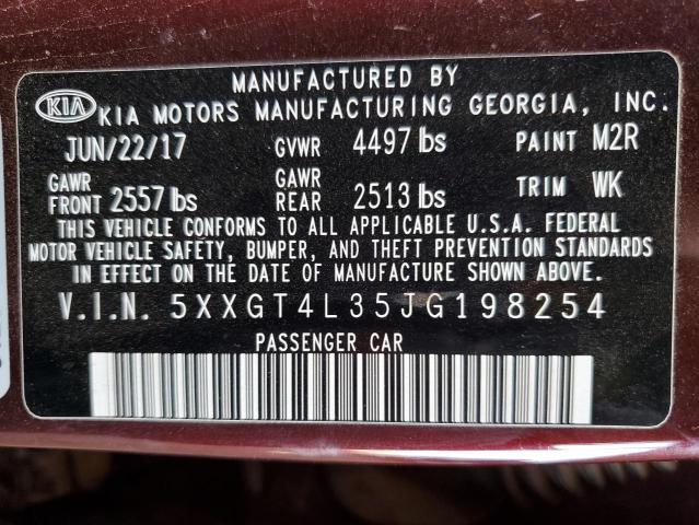 5XXGT4L35JG198254 - 2018 KIA OPTIMA LX Շագանակագույն լուսանկար 12