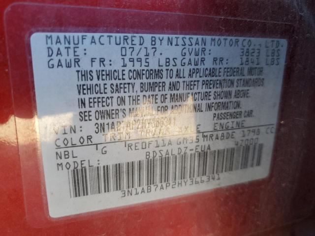 3N1AB7AP2HY366341 - 2017 NISSAN SENTRA S RED photo 12