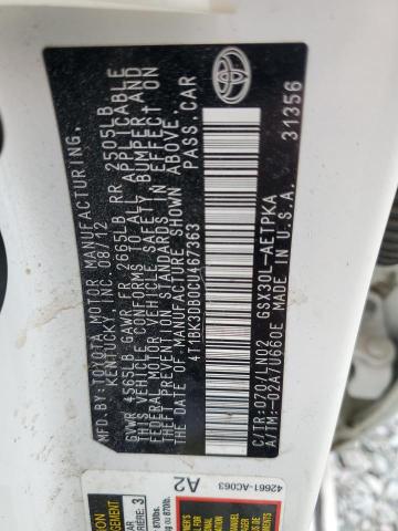 4T1BK3DB0CU467363 - 2012 TOYOTA AVALON BASE თეთრი ფოტო 12