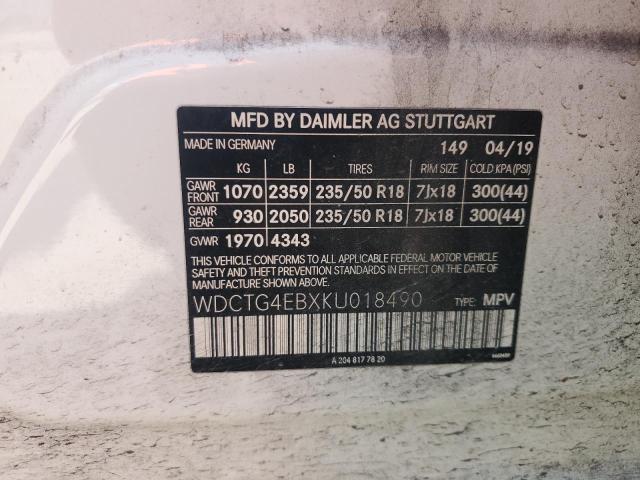 WDCTG4EBXKU018490 - 2019 MERCEDES-BENZ GLA 250 Ağ foto 12