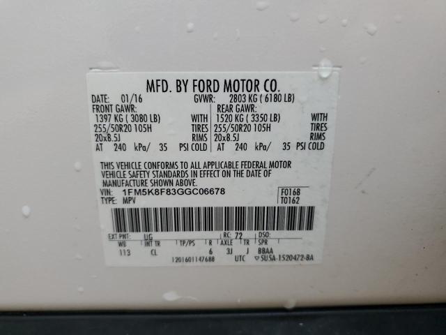 1FM5K8F83GGC06678 - 2016 FORD EXPLORER LIMITED Blanc photo 13