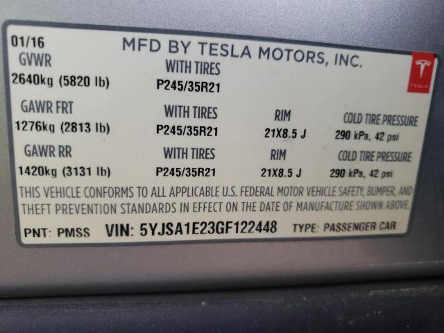 5YJSA1E23GF122448 - 2016 TESLA MODEL S Արծաթագույն լուսանկար 12