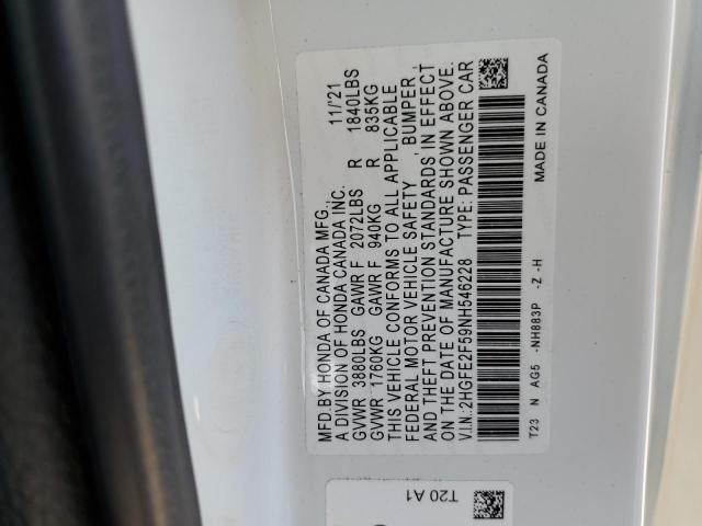 2HGFE2F59NH546228 - 2022 HONDA CIVIC SPORT WHITE photo 12