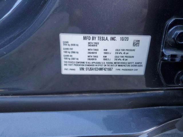 5YJSA1E24MF421667 - 2021 TESLA MODEL S Մոխրագույն լուսանկար 12