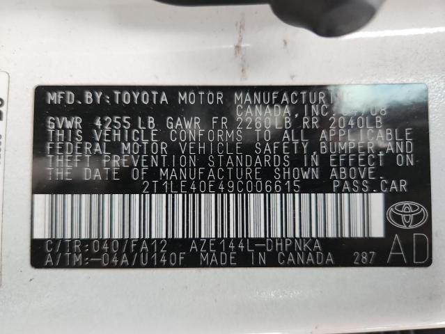 2T1LE40E49C006615 - 2009 TOYOTA COROLLA MA S WHITE photo 12