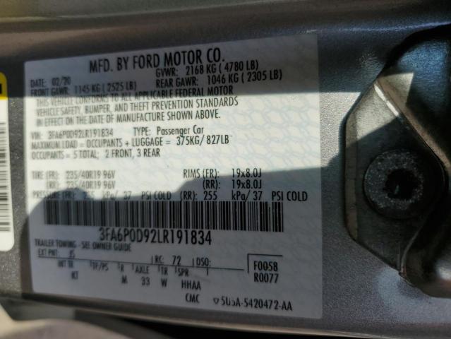 3FA6P0D92LR191834 - 2020 FORD FUSION TITANIUM 银色 照片 12