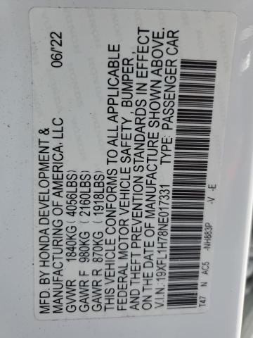 19XFL1H78NE017331 - 2022 HONDA CIVIC EXL WHITE photo 13