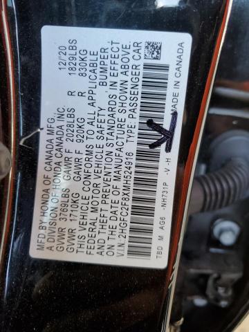 2HGFC2F8XMH524916 - 2021 HONDA CIVIC SPORT 黑色 照片 12