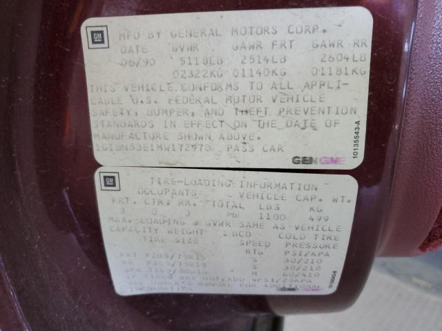 1G1BN53E1MW172970 - 1991 CHEVROLET CAPRICE CLASSIC LTZ BURGUNDY photo 12