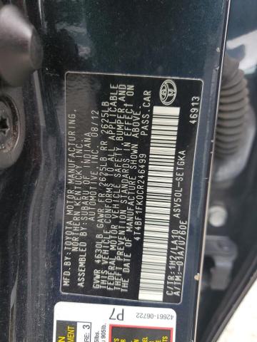 4T4BF1FK0CR246499 - 2012 TOYOTA CAMRY BASE BLACK photo 12