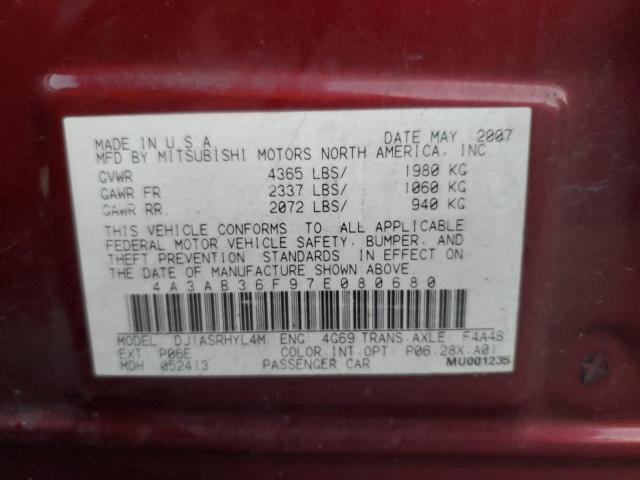 4A3AB36F97E080680 - 2007 MITSUBISHI GALANT ES MAROON photo 12