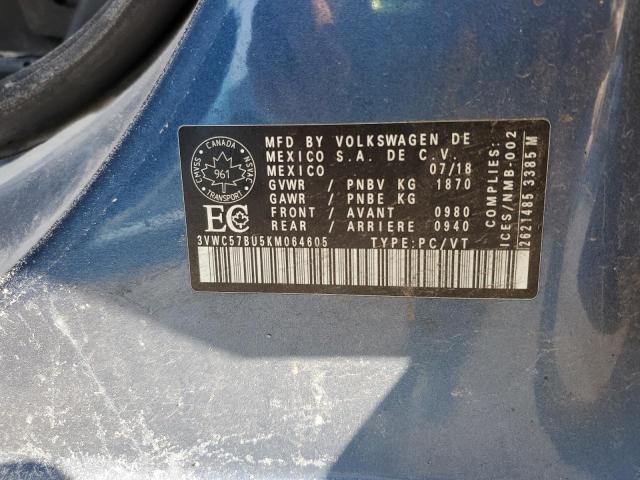 3VWC57BU5KM064605 - 2019 VOLKSWAGEN JETTA S BLUE photo 12