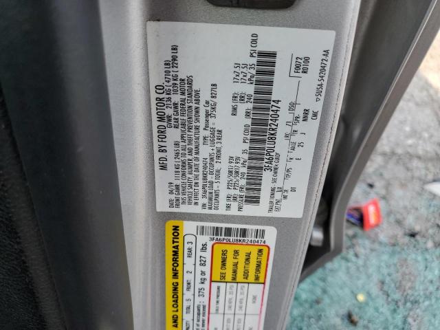 3FA6P0LU8KR240474 - 2019 FORD FUSION SE فضي صورة 12