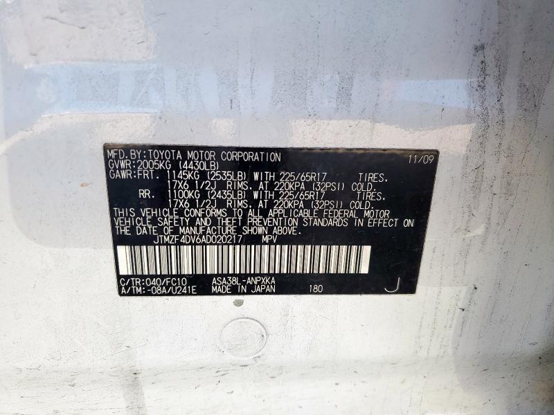 JTMZF4DV6AD020217 - 2010 TOYOTA RAV4 თეთრი ფოტო 13