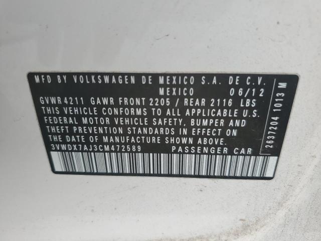 3VWDX7AJ3CM472589 - 2012 VOLKSWAGEN JETTA SE 白色 照片 12