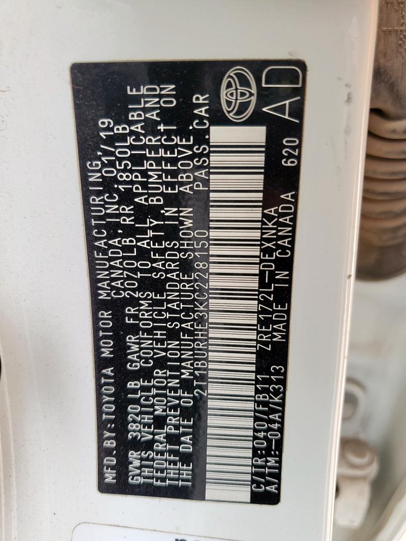 2T1BURHE3KC228150 - 2019 TOYOTA COROLLA L თეთრი ფოტო 13