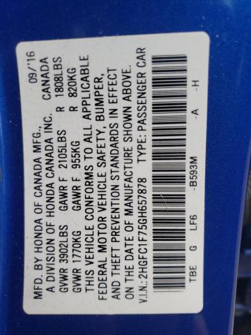 2HGFC1F75GH657878 - 2016 HONDA CIVIC EXL 蓝色 照片 13