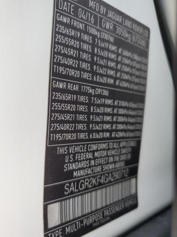 SALGR2KF4GA290712 - 2016 LAND ROVER RANGE ROVE WHITE photo 13