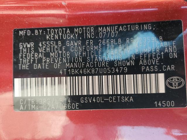 4T1BK46K87U053479 - 2007 TOYOTA CAMRY LE 栗色 照片 12