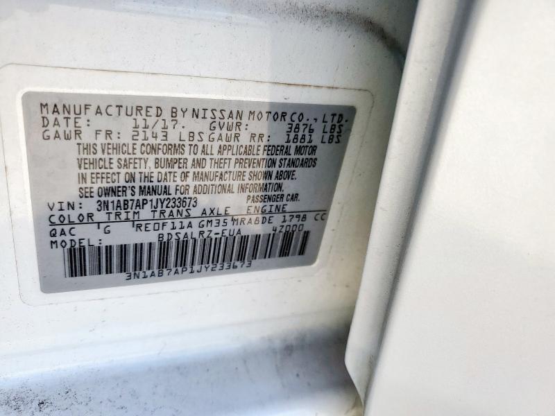 3N1AB7AP1JY233673 - 2018 NISSAN SENTRA S 白色 照片 12