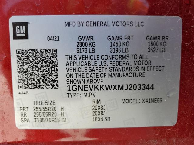 1GNEVKKWXMJ203344 - 2021 CHEVROLET TRAVERSE PREMIER RED photo 12