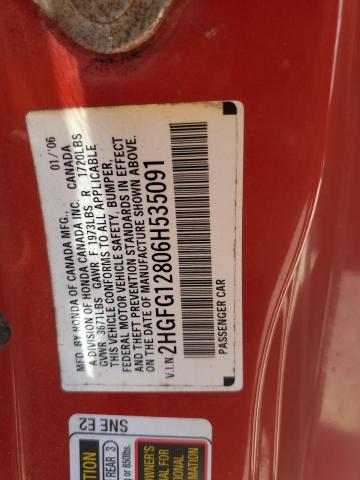 2HGFG12806H535091 - 2006 HONDA CIVIC EX RED photo 12