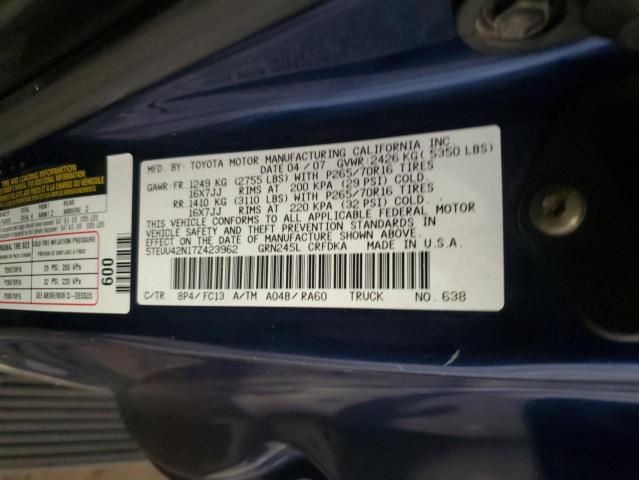 5TEUU42N17Z423962 - 2007 TOYOTA TACOMA ACCESS CAB ლურჯი ფოტო 12