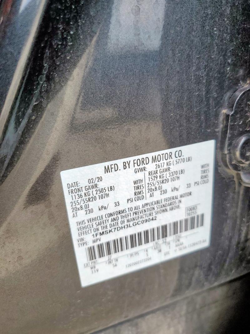 1FMSK7DH3LGC09042 - 2020 FORD EXPLORER XLT Серый фото 12