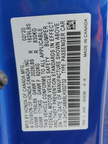 2HGFC4B88LH302732 - 2020 HONDA CIVIC SPORT BLUE photo 12