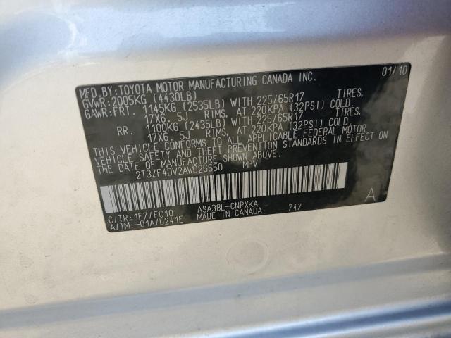 2T3ZF4DV2AW026650 - 2010 TOYOTA RAV4 SILVER photo 14