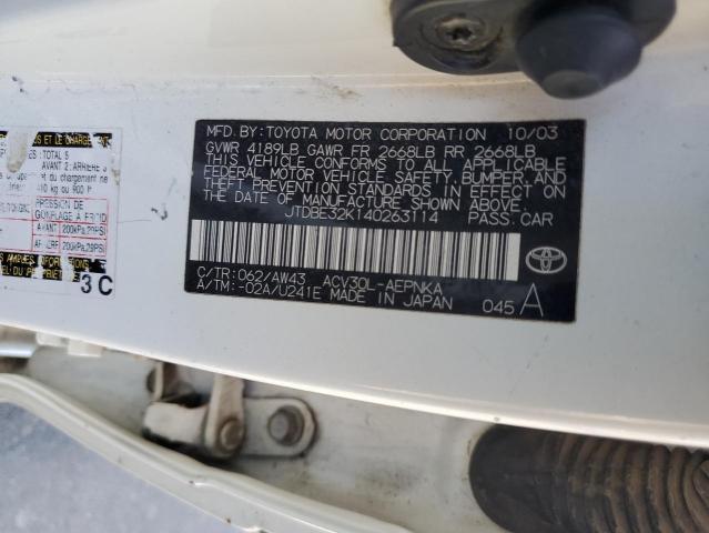 JTDBE32K140263114 - 2004 TOYOTA CAMRY LE WHITE photo 12