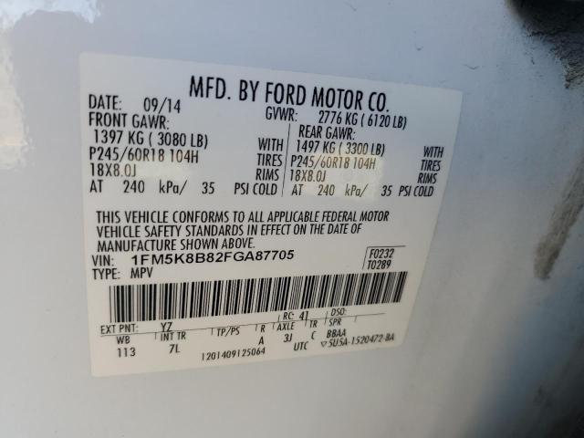 1FM5K8B82FGA87705 - 2015 FORD EXPLORER WHITE photo 14