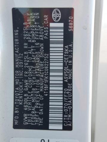 4T1BF1FK1CU622752 - 2012 TOYOTA CAMRY BASE WHITE photo 12