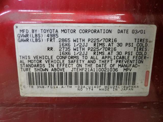 JTEHF21A110021036 - 2001 TOYOTA HIGHLANDER RED photo 12