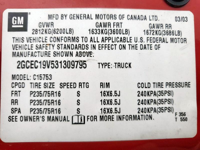 2GCEC19V531309795 - 2003 CHEVROLET SILVERADO C1500 红色 照片 12