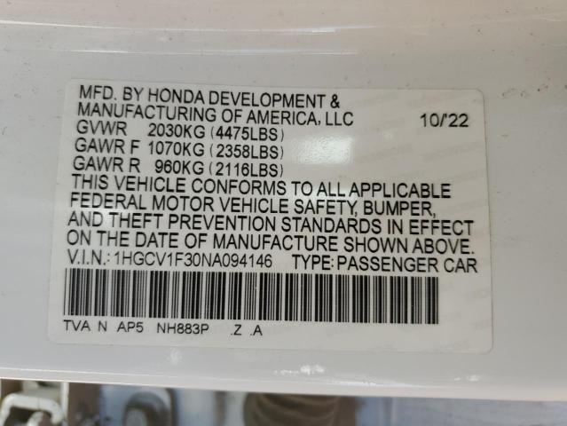 1HGCV1F30NA094146 - 2022 HONDA ACCORD SPORT WHITE photo 12