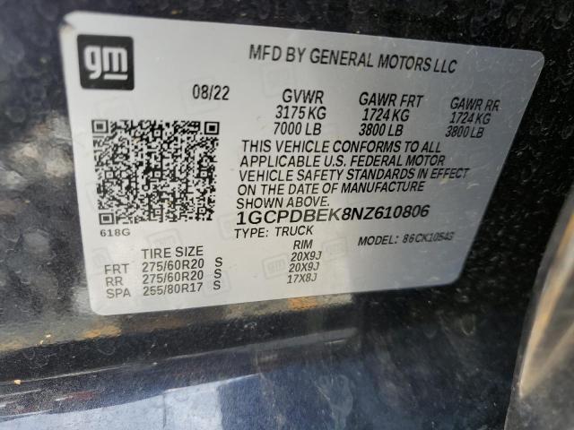 1GCPDBEK8NZ610806 - 2022 CHEVROLET SILVERADO K1500 CUSTOM CHARCOAL photo 12