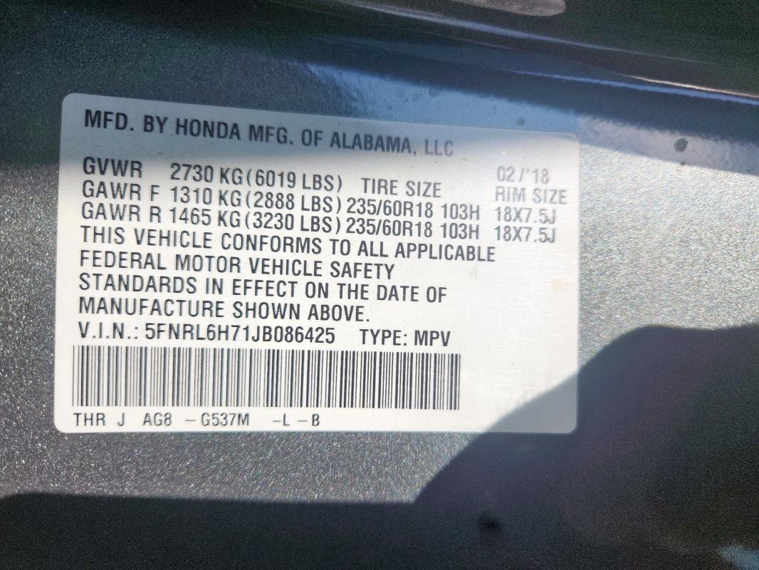 5FNRL6H71JB086425 - 2018 HONDA ODYSSEY EXL 灰色 照片 12