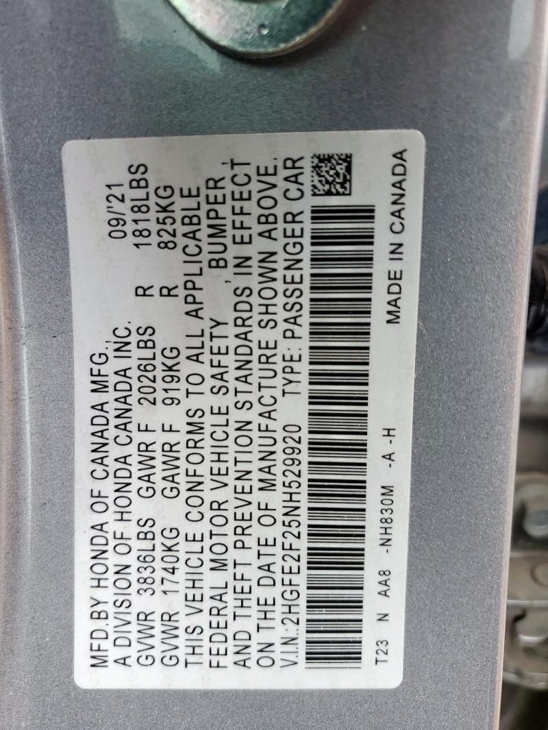 2HGFE2F25NH529920 - 2022 HONDA CIVIC LX ვერცხლისფერი ფოტო 12