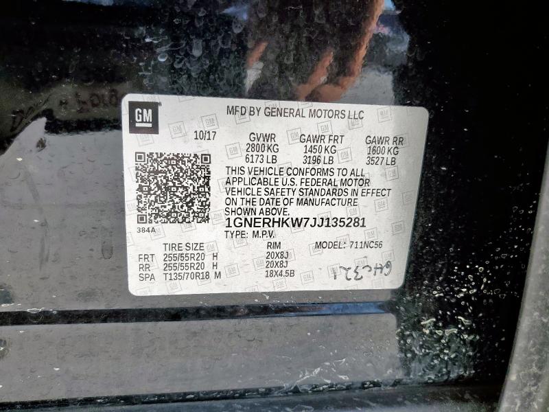 1GNERHKW7JJ135281 - 2018 CHEVROLET TRAVERSE LT BLACK photo 13