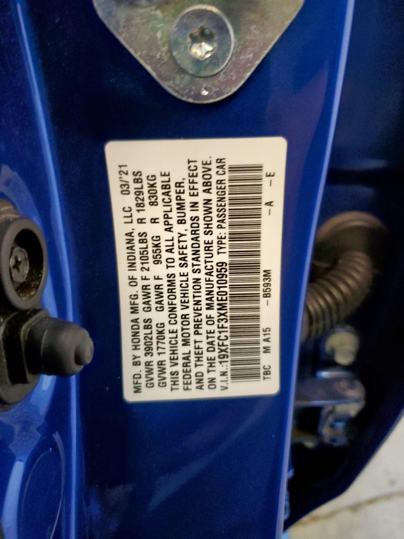19XFC1F3XME010959 - 2021 HONDA CIVIC EX BLUE photo 12