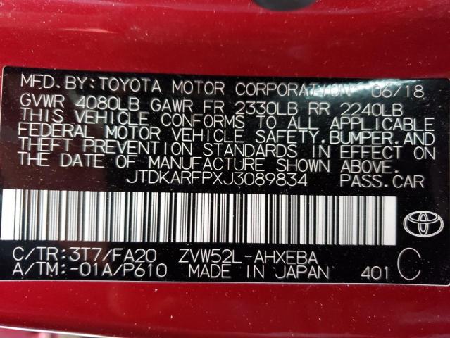 JTDKARFPXJ3089834 - 2018 TOYOTA PRIUS PRIM 红色 照片 12